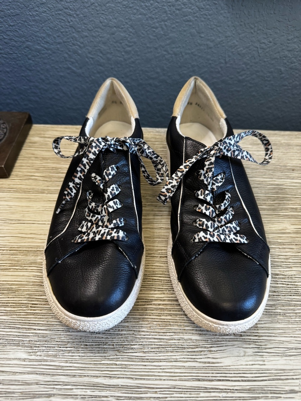 Paul Green Black Leather Sneakers with Leopard Laces